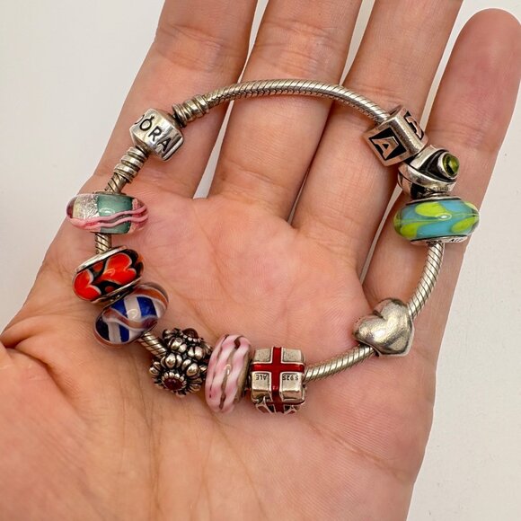 Pandora Sterling Silver 925 Charm Bracelet Mix of Sterling Slide Charms 7" L - Picture 3 of 12